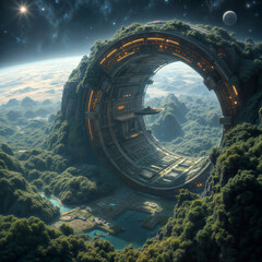 Poster - view of a huge space station with green gardens . Generative AI