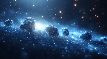 Poster - A captivating cosmic scene with glowing particles and floating wireframe objects. Dramatic lighting and blue hues create a surreal, abstract space. Abstract wireframe in dark blue.