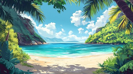 Wall Mural - A tropical beach scene features swaying palm trees and shimmering blue water. It evokes a sense of paradise and relaxation.