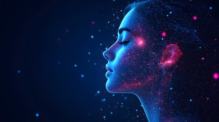 Poster - Futuristic profile of a woman with blue skin and a technological network overlay, blending humanity with AI, highlighting serene digital consciousness. Abstract wireframe in dark blue.