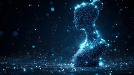 Poster - Futuristic digital woman with glowing bokeh lights. Reflection adds depth to this creative, technological image. Perfect for tech, innovation and design projects. Abstract wireframe in dark blue