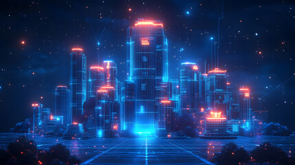 Poster - Futuristic cityscape at night featuring wireframe buildings with glowing blue and orange accents. Stars speckle the dark sky above the city. Abstract wireframe in dark blue.