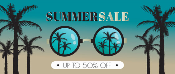 Poster - Summer horizontal sale banner. Shopping promotion poster template with sunglasses with tropical palm tree reflects, creative invitation with island beach nature silhouettes. Vector illustration.