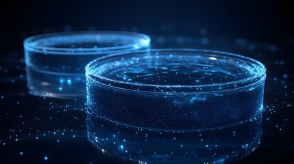 Aufkleber - Futuristic Petri dishes glow with blue light, simulating water and networks. Reflections amplify the tech theme on a dark surface. Captivating microstock image. Abstract wireframe in dark blue