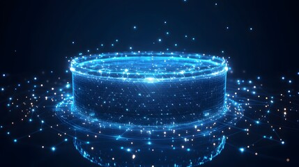Leinwandbilder - Futuristic digital platform illuminated in glowing blue, showcasing advanced technology and connectivity. Energy particles and data streams enhance the virtual realm. Abstract wireframe in dark blue