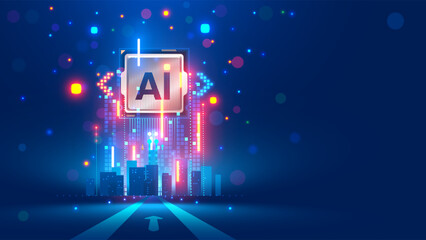 Leinwandbilder - Processor with integration AI. AI Letters on chip. CPU connected to data storage. Artificial intelligence technology in electronic chip. Data processing by artificial intelligence chip. AI hardware.