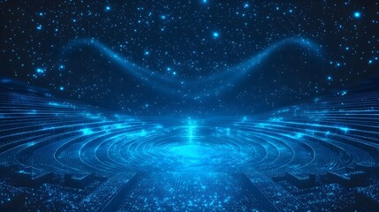 Aufkleber - Futuristic digital landscape with a star-filled blue sky, intricate concentric rings, and a grid-like structure illuminated in blue. High-tech, interconnected design. Abstract wireframe in dark blue
