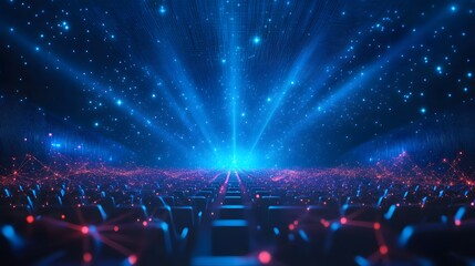 Leinwandbilder - Futuristic auditorium with modern dark chairs, overlaid by a red digital network. Blue light rays illuminate the gridded walls and simulated starry sky. Abstract wireframe in dark blue