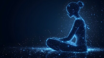 Aufkleber - Meditative peace radiates from a glowing blue figure, a network of light. She sits grounded, connected to the earth, lost in serene contemplation. Abstract wireframe in dark blue