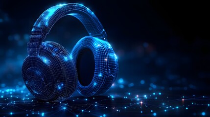 Fototapete - Wireframe headphones glow with electric blue, resting above a connected network of dots and lines. Bokeh lights blur in the background, creating depth. Abstract wireframe in dark blue.