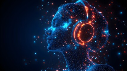 Poster - Futuristic profile view featuring a wireframe human head with glowing nodes and headphones. Ideal for technology, music, or virtual reality themes. Abstract wireframe in dark blue.