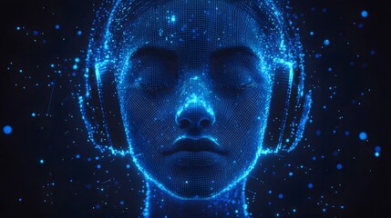 Poster - Futuristic human face with headphones rendered in glowing blue wireframe. Digital representation evokes AI and virtual reality. Serene expression. Abstract wireframe in dark blue.