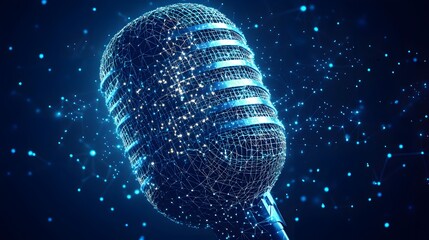 Poster - Retro microphone rendered in digital wireframe. Nodules emit light in the dark. Communication concept. Vintage meets modern technology. Abstract wireframe in dark blue.