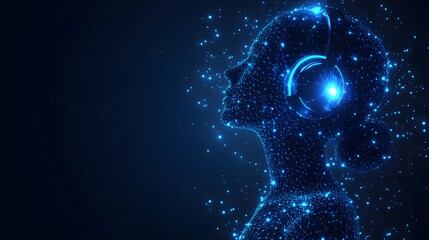 Poster - A futuristic digital human listens intently with bright blue headphones. Constructed from interconnected dots and lines, the figure glows against a dark blue backdrop. Abstract wireframe in dark blue