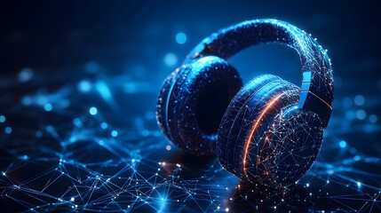 Poster - Futuristic headphones presented in a technological setting. Interconnected lines and dots create a digital aesthetic, highlighted by blue and orange tones. Abstract wireframe in dark blue.
