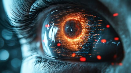 Fototapete - A vibrant close-up view of an eye showcasing glowing digital patterns and futuristic designs.