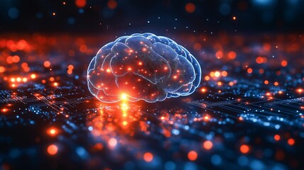 Fototapete - A glowing brain rests over circuits and lights, symbolizing intelligence and technology.