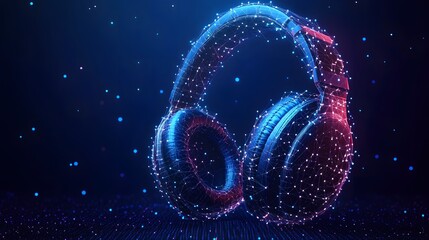 Poster - Futuristic headphones depicted with a digital network of dots and lines, creating a high-tech feel. Blue and red hues blend on a dark background. Abstract wireframe in dark blue.