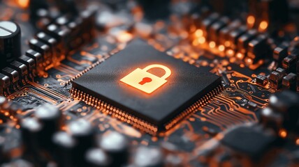 Poster - Close-up of microchip featuring a glowing lock symbol, highlighting cybersecurity technology.