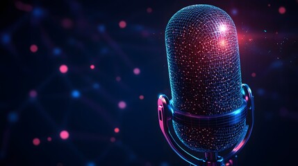 Poster - Futuristic microphone with glowing neon accents and retro design. Bokeh lights create a modern backdrop, ideal for technology or music themes. Abstract wireframe in dark blue.
