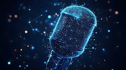 Poster - Futuristic microphone design with glowing blue lines against a dark backdrop, representing modern technology. Ideal for digital content creation and audio engineering, Abstract wireframe in dark blue.