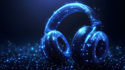 Poster - Futuristic headphones glow with digital luminescence. A blue wireframe design creates a high-tech aesthetic. Connectivity and modern technology shine through. Abstract wireframe in dark blue.