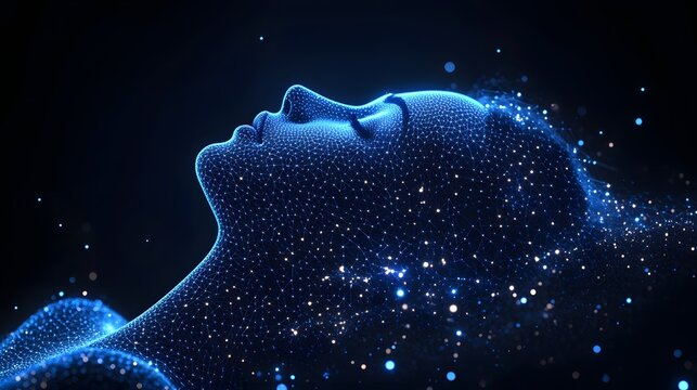 Futuristic depiction of a calming human head formed by a blue network of lines and points against a dark backdrop. The upward tilt and dispersed particles add depth. Abstract wireframe in dark blue.