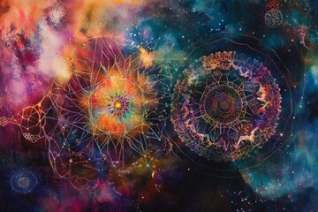 Wall Mural - Vibrant Watercolor Galaxy Painting with Spiral Nebula and Cosmic Dust