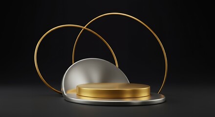 Poster - Elegant 3D Render of a Gold and Silver Podium Display with Geometric Accents on a Dark Background, Showcasing Luxury and Modern Design