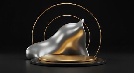 Poster - Elegant minimalist 3D render of a gold and black stage with a draped silver cloth and golden rings for product display and presentation