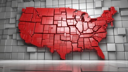 Poster - Vibrant red map of the united states displayed on a wall representing outcome-based dashboard and results-first concepts