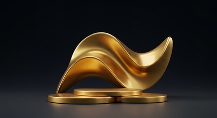 Poster - Luxurious golden abstract sculpture art on a dark background, elegant design with three circular platforms and a flowing, wave-like shape, studio shot