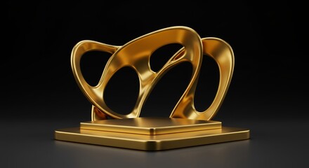 Poster - Luxurious golden abstract sculpture on a gold pedestal, showcasing elegance and modern design against a dark background, 3D render