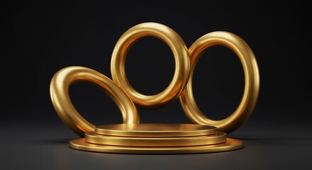Poster - Luxurious golden rings and podium display a modern, elegant aesthetic against a dark backdrop, perfect for product presentation and showcasing luxury items.