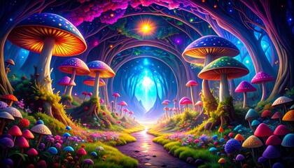 Wall Mural - Psychedelic mushroom forest landscape with vibrant colors and magical lights creates a fantasy world for fairy tales and imagination