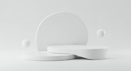 Poster - Minimalist white product display platform with floating spheres and a semi-circular backdrop, perfect for showcasing items in a clean, modern setting.