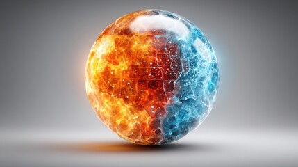 Poster - Sphere with unique fire and ice pattern representing duality and balance in business and technology strategies