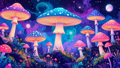 Wall Mural - Psychedelic mushroom landscape with vibrant colors and dreamy atmosphere under a starry night sky, perfect for fantasy and imagination themes