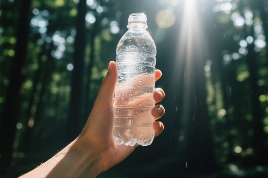 A hand holds a water bottle in the forest. The water bottle is filled with water, suggesting hydration and refreshment. The scene evokes a sense of freshness and health
