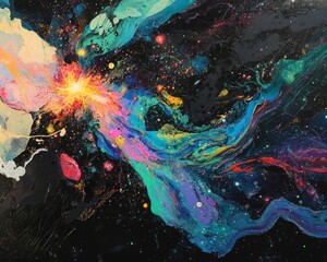 Wall Mural - Abstract Cosmic Painting with Vibrant Colors and Swirling Nebula