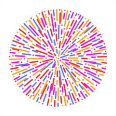 Poster - Circle salute firework splash burst round radial background pattern. Lines, tiny dashes, doodle multiple stripes dots shape. Colorful bright abstract graphic design element frame border label template