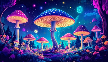 Wall Mural - Vibrant fantasy landscape featuring glowing mushrooms under a starlit sky creating a magical and surreal atmosphere perfect for fantasy illustration