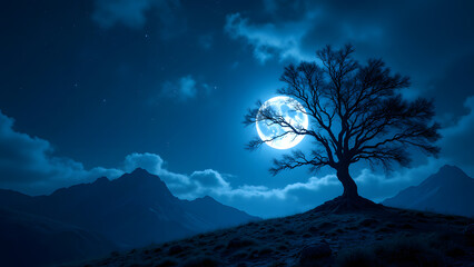 Wall Mural - Moonlit Tree: A serene nighttime scene featuring a solitary tree silhouetted against a vibrant full moon and the inky expanse of the night sky, evoking a sense of peace and wonder.