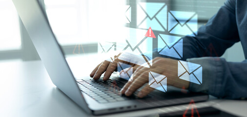 Poster - Cyber scam. Spam email message on digital screen.Email security and virus spam alert in email. Fake text email scam.Scammers online.