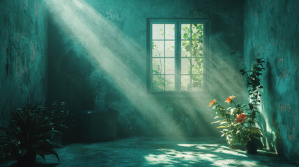 Poster - In a realistic 4K 3D background, sunlight streams through a window, casting vibrant rays across the aged, textured wall in this visual storytelling Side A scene.