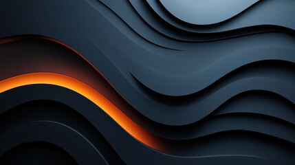 Fototapete - Side angle 3D rende displays visually harmonious dark blue layered waves flowing gracefully, accentuated by a vibrant, realistic, orange glow in 4K detail.