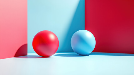Poster - Vivid 3D background showcases a realistic 4K rende of contrasting red and blue spheres from a side angle, emphasizing visual depth and modern aesthetics.