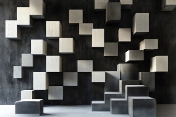 Wall Mural - Abstract Geometric Composition of Grey and White Cubes on Black Wall