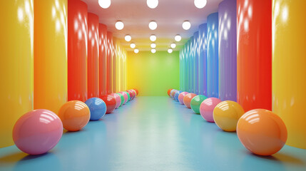 Aufkleber - A vibrant 3D background displays colorful columns and spheres from a side angle in realistic 4K, creating a playful and modern design with dynamic visual appeal.