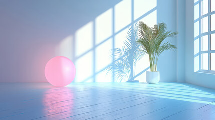 Poster - A vibrant 4K aesthetic with realistic lighting showcases a pink sphere and plant in a bright interior with window shadows creating a stunning 3D background scene.